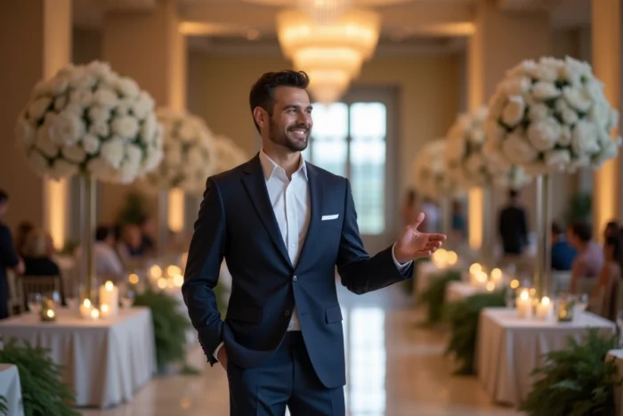 Organisateur de mariage surprise accueillant les invités dans une salle de réception décorée de fleurs et de bougies