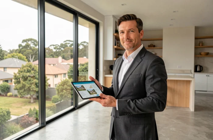 Agent immobilier dans une maison neuve avec grandes baies vitrées, nouvelles tendances du marché immobilier 2024
