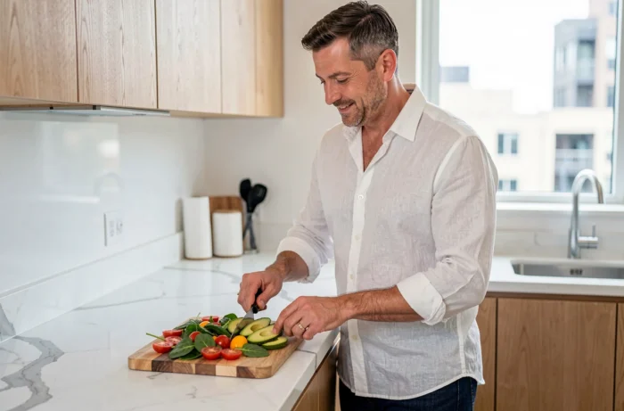 Homme préparant une salade fraîche et colorée dans une cuisine moderne pour adopter une alimentation saine au quotidien