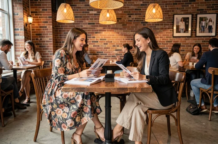 Deux amies branchées discutant des tendances mode autour de lookbooks dans un café cosy à l'intérieur