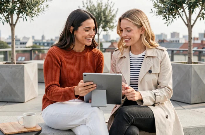 Deux amies consultant un lookbook de mode en ligne sur une tablette dans un café en terrasse urbaine
