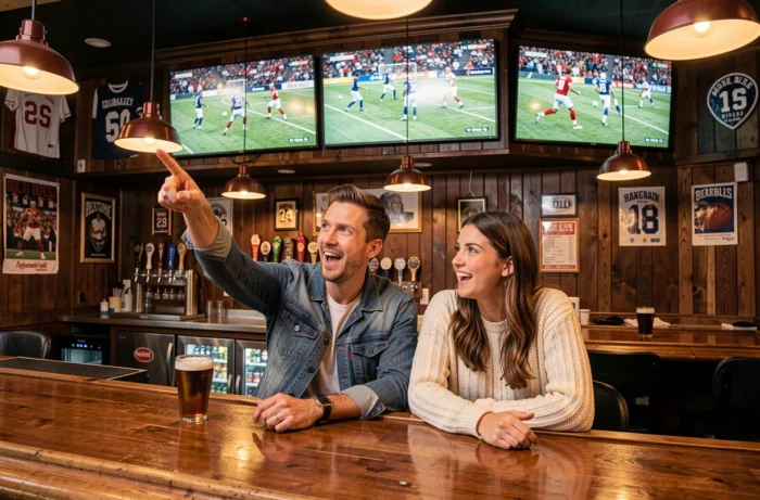 Deux amis suivant l'actualité sportive en direct sur les écrans d'un bar sportif animé