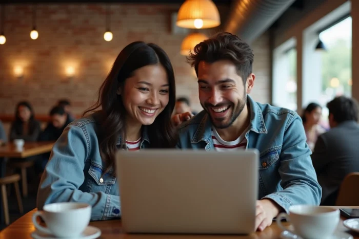 Deux amis dans un café découvrant ensemble les meilleurs codes promotionnels pour Webtoon sur un ordinateur portable