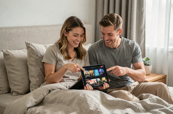 Deux amis choisissant ensemble un film à regarder en streaming sur une tablette dans une chambre