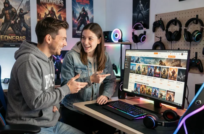 Deux amis comparant des prix de jeux vidéo sur une boutique en ligne depuis un PC gaming dans une salle de jeux