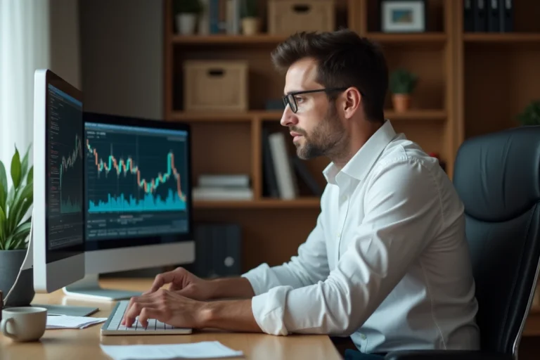 Homme analysant des graphiques boursiers sur deux écrans dans un bureau moderne, illustration pour un article sur l'investissement en bourse