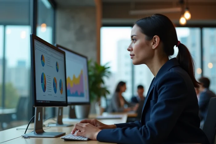 Femme professionnelle analysant des données de visibilité web sur un écran d'ordinateur dans un bureau moderne