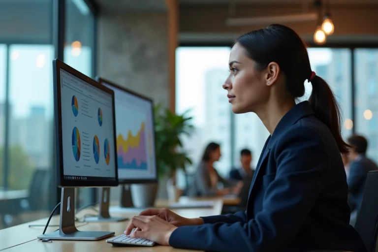Femme professionnelle analysant des données de visibilité web sur un écran d'ordinateur dans un bureau moderne