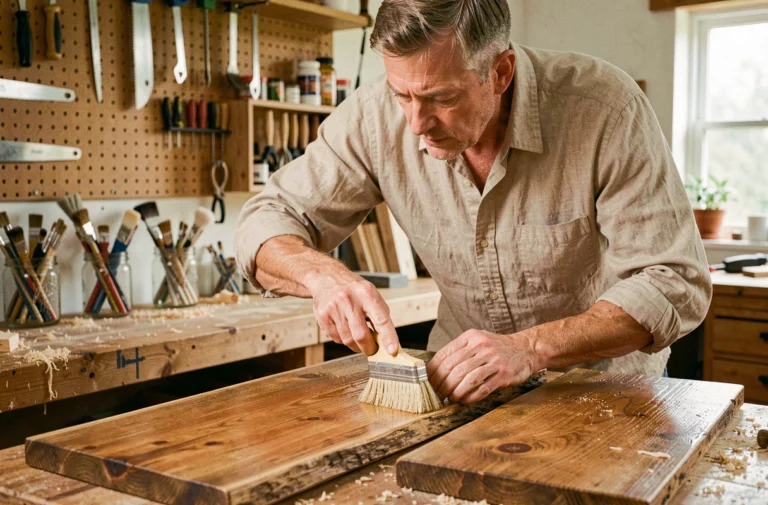 Homme appliquant un vernis bois extérieur sur une planche en chêne à l'intérieur d'un atelier de bricolage