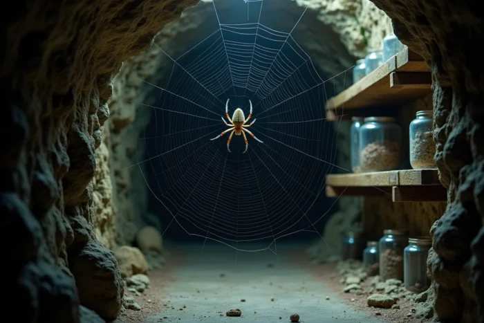 Cave d'une maison ancienne avec toiles d'araignées et araignée domestique Tegenaria, rôle écologique des araignées dans les habitations