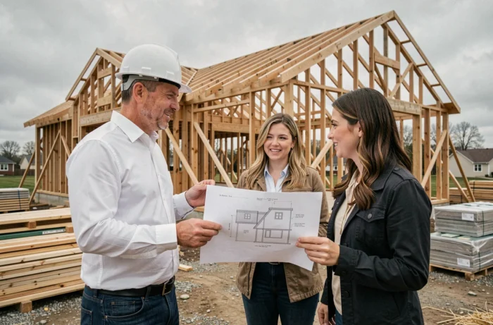 Architecte sur chantier de construction présentant les plans à des propriétaires — réussir son projet de construction avec un professionnel