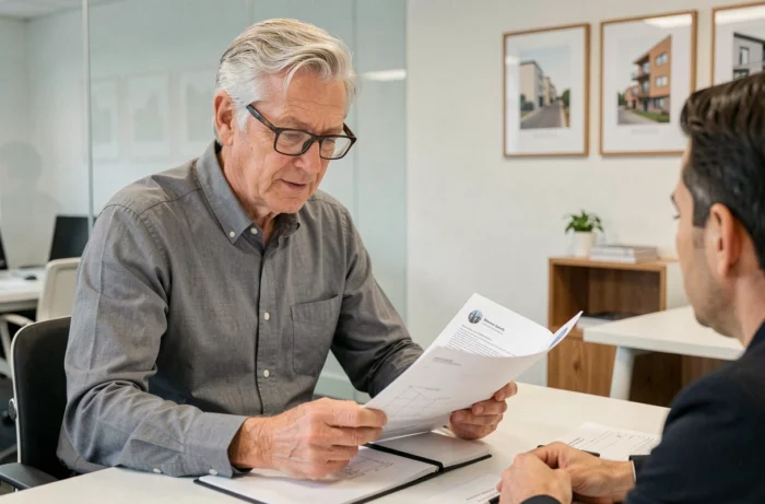 Architecte senior en réunion de consultation avec des clients pour un projet de rénovation — choisir le bon architecte pour ses travaux