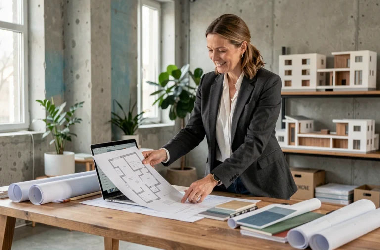 Architecte femme en blazer gris analysant des plans de construction dans un studio moderne — comment choisir un architecte pour son projet