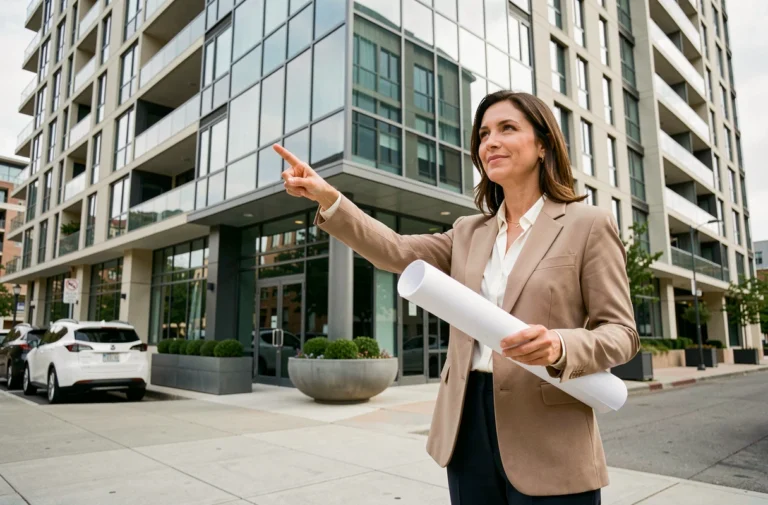 Architecte femme tenant des plans devant un immeuble moderne en verre, tendances immobilières 2024