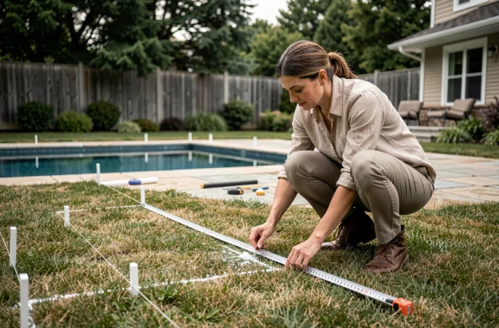 Architecte paysagiste mesurant l'emplacement d'une future piscine dans un jardin avec un mètre ruban et des piquets