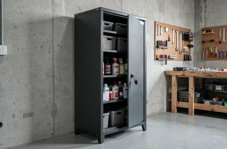 Armoire à fusil en métal anthracite fermée à clé dans un garage atelier bien rangé