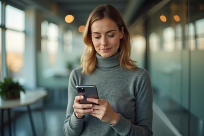 Femme vérifiant un code d'authentification à deux facteurs sur son smartphone pour accéder à Gozmap en toute sécurité