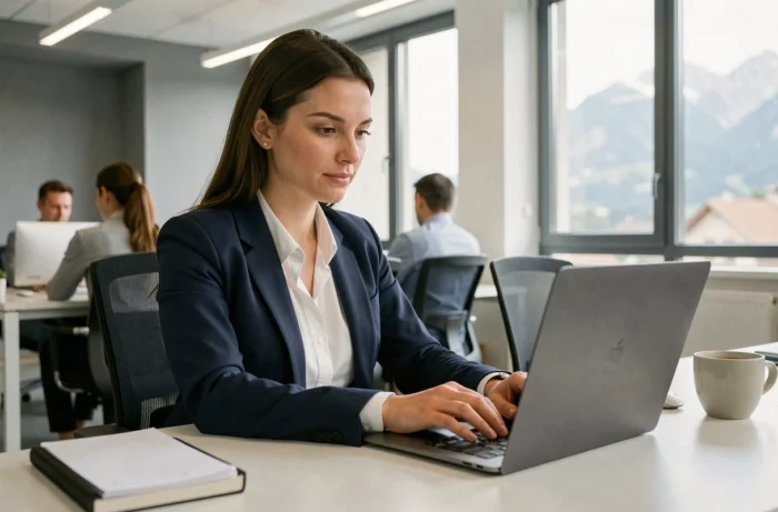 Femme professionnelle se connectant à la plateforme PIA Grenoble sur un ordinateur portable dans un bureau moderne