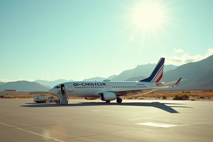 Avion de ligne sur le tarmac d'un petit aéroport corse avec paysage montagneux en arrière-plan