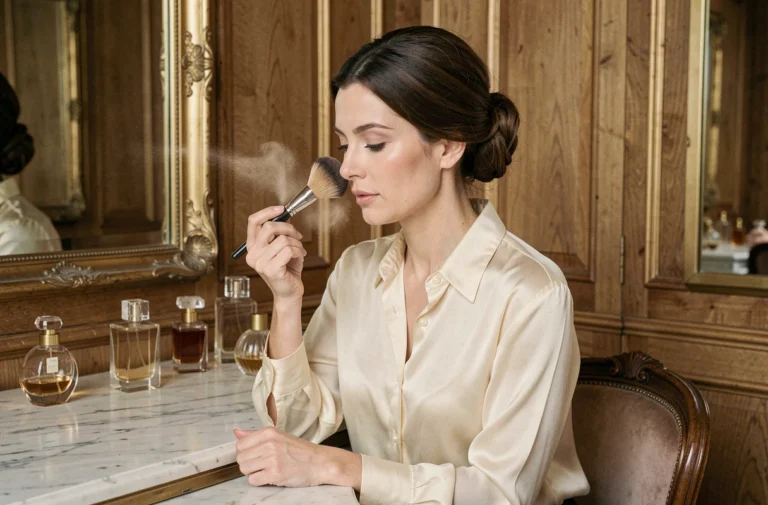 Femme élégante appliquant de la poudre à une coiffeuse en marbre dans un dressing parisien raffiné avec des miroirs dorés et des flacons de parfum vintage