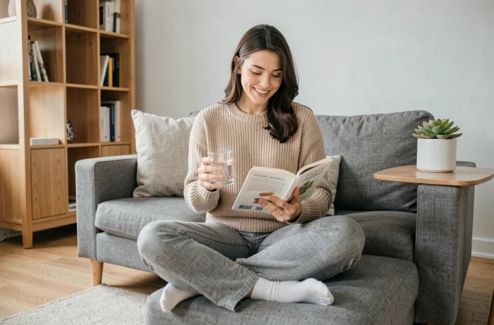 Femme détendue lisant un livre sur la santé dans un salon minimaliste tout en s'hydratant pour prendre soin d'elle au quotidien