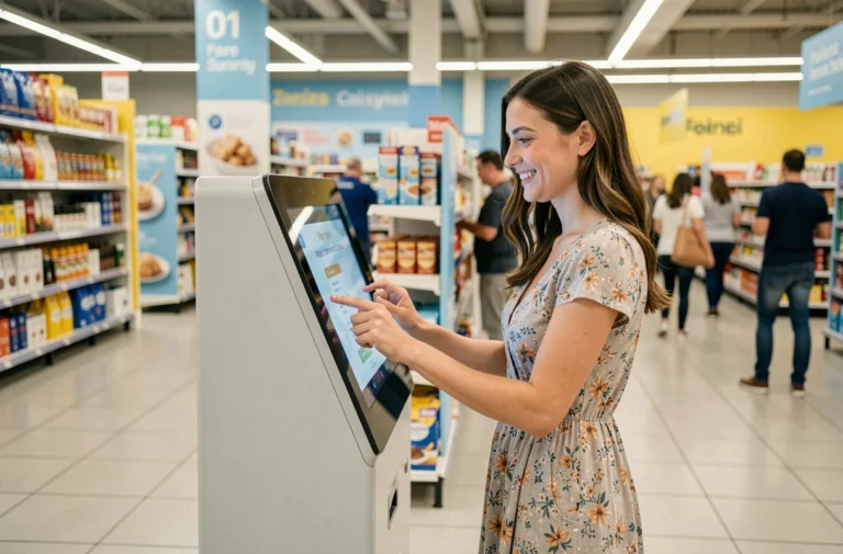 Femme utilisant une borne photo en libre-service dans un hypermarché Leclerc pour imprimer des photos à prix réduit