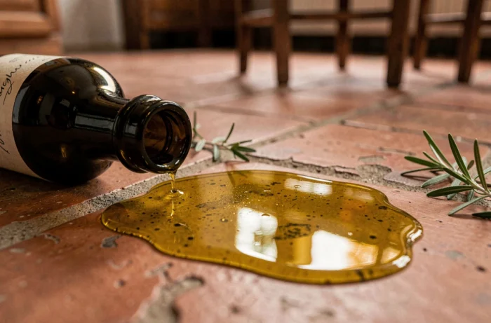 Gros plan d'une bouteille d'huile renversée sur carrelage terracotta, flaque d'huile dorée, ambiance superstition et croyance populaire