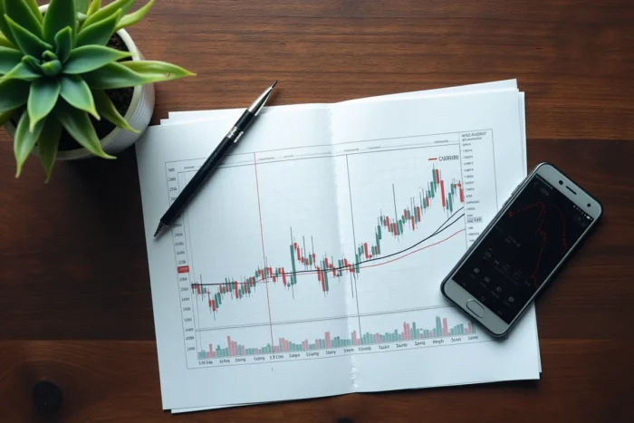 Vue de dessus d'un bureau avec rapports boursiers imprimés, smartphone affichant une application de trading et accessoires d'analyse financière