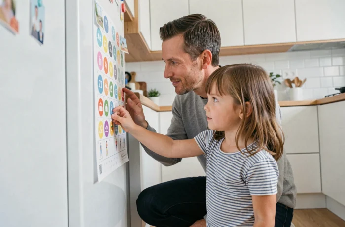 Père et sa fille organisant un calendrier familial magnétique sur le réfrigérateur dans une cuisine scandinave