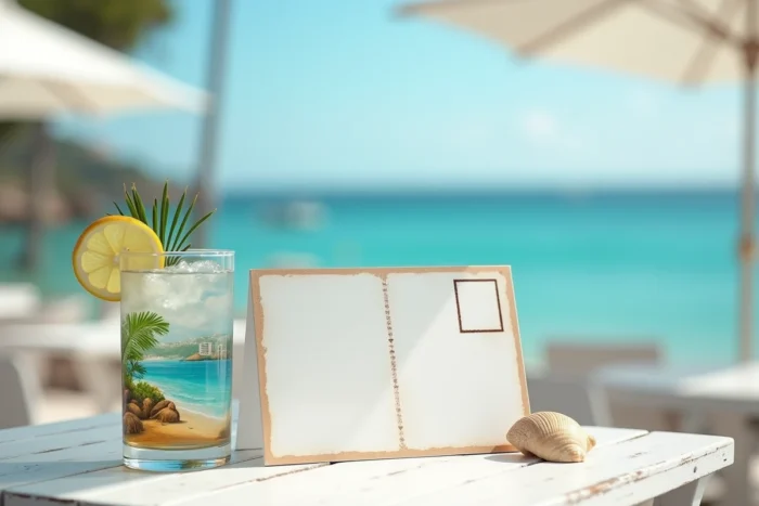 Carte postale manuscrite représentant une scène tropicale, appuyée contre un verre d'eau sur une table en bois blanc sur une terrasse côtière