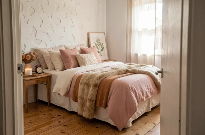 Chambre à coucher cocooning avec literie en lin superposée, accessoires décoratifs en bois et bougie parfumée