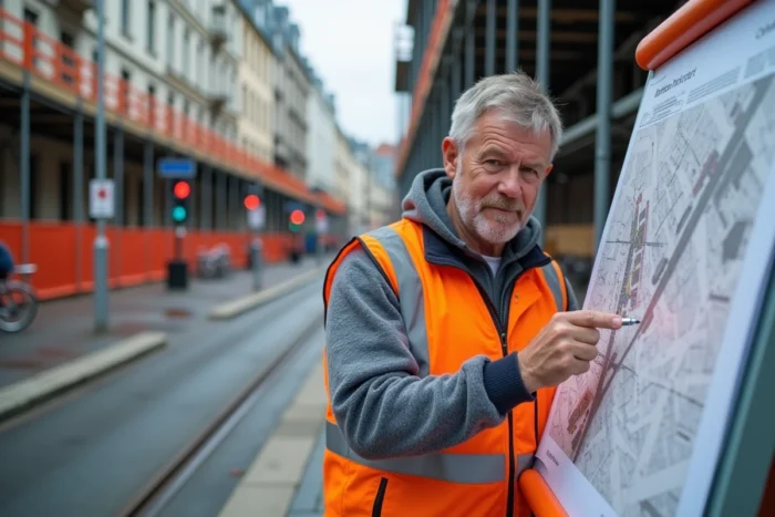 Agent municipal examinant un plan d'urbanisme devant un chantier de rénovation dans les rues de Rennes