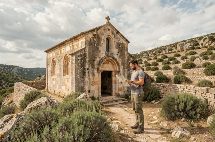 Chapelle romane ancienne de Fuveau sur une colline provençale avec randonneur consultant une carte et végétation de garrigue