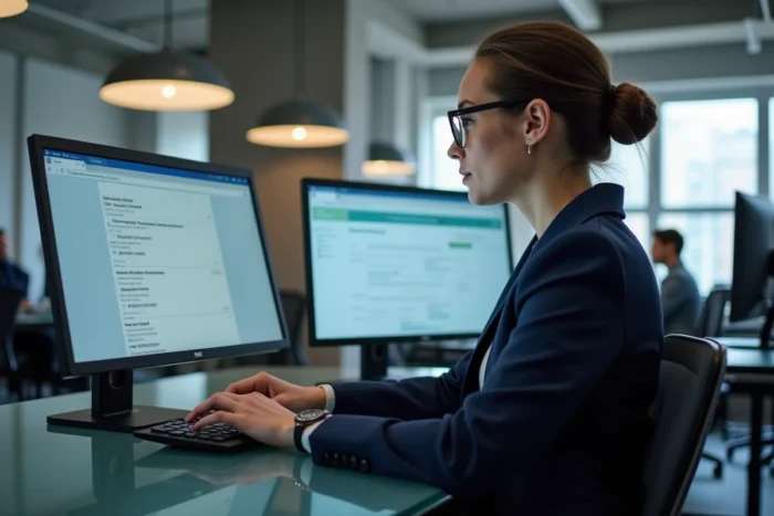 Chercheuse en cybersécurité consultant des registres de domaines sur un ordinateur professionnel dans un bureau moderne