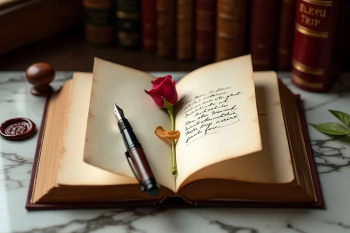 Livre vintage ouvert avec une carte portant une citation littéraire manuscrite, entourée de pétales de rose séchés et d'un stylo plume