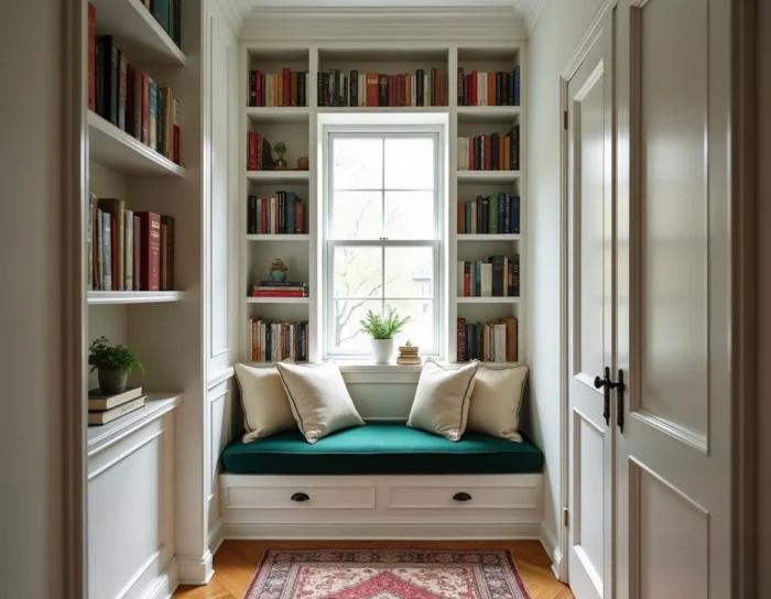 Coin lecture aménagé dans une alcôve avec bibliothèque intégrée, banquette en velours vert et tapis persan dans un appartement ancien