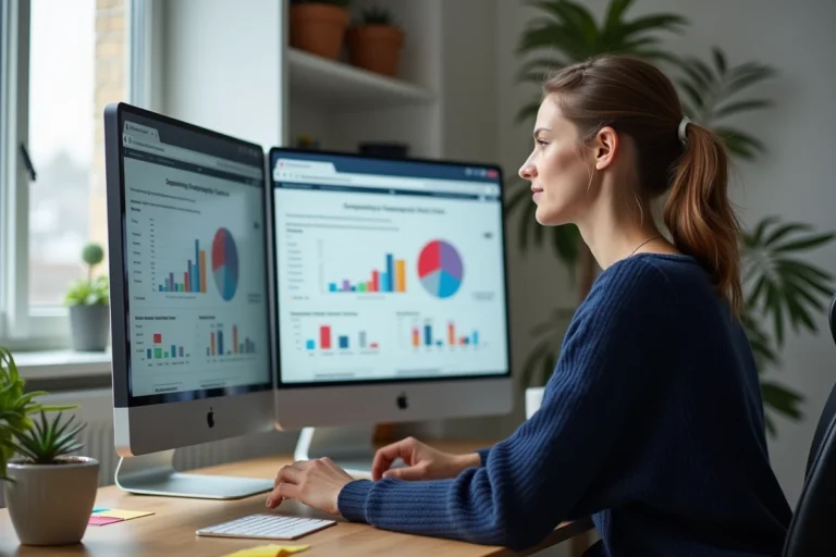Femme comparant des alternatives de services en ligne sur un ordinateur dans un bureau à domicile moderne
