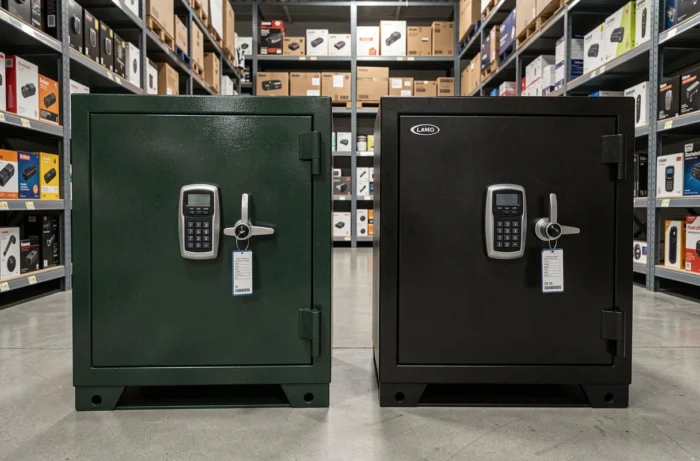 Comparaison de deux armoires à fusil exposées en magasin de bricolage avec cadenas numériques