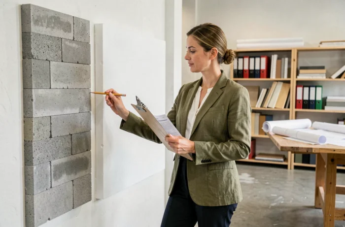 Architecte comparant des échantillons de parpaing et de polystyrène pour estimer le coût de construction