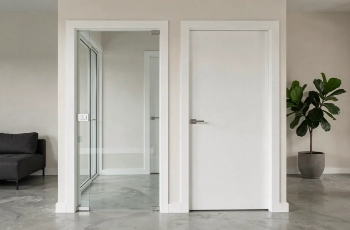 Comparaison côte à côte d'une porte vitrée transparente et d'une porte pleine blanche dans un salon contemporain en béton ciré