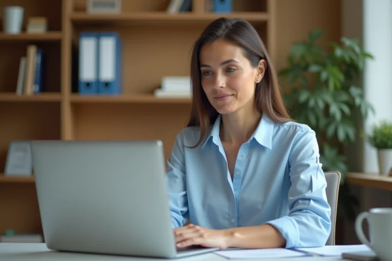 Femme accédant à son compte My People Doc sur un ordinateur portable dans un bureau à domicile