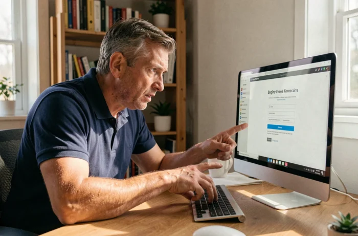 Homme tentant de se connecter à la plateforme de vente au personnel L'Oréal depuis son bureau à domicile