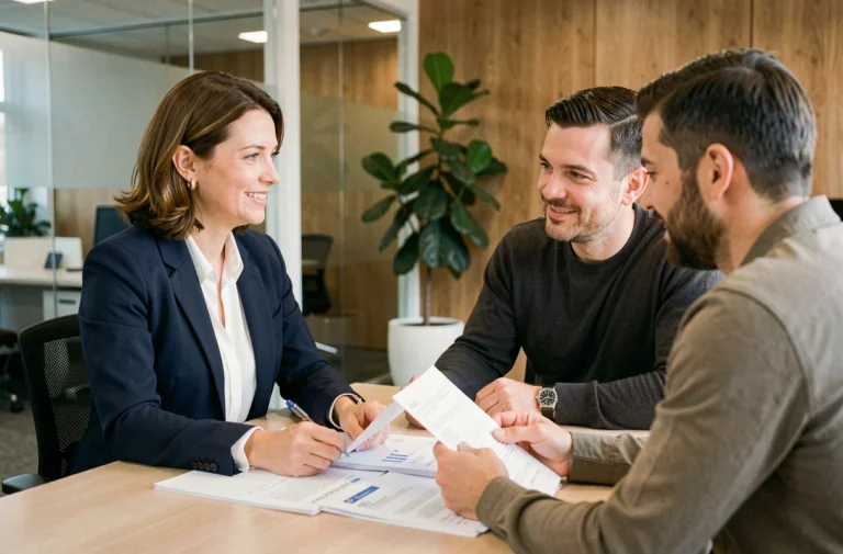 Conseillère immobilière aidant un couple à examiner des documents de logement dans une agence moderne