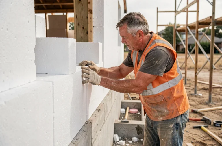 Ouvrier posant des blocs de polystyrène expansé sur le mur d'une maison en construction