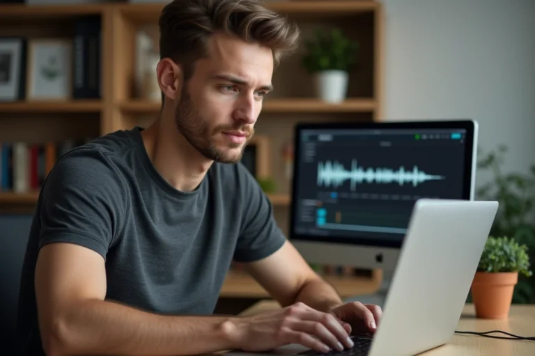 Jeune homme productif convertissant une vidéo YouTube en fichier audio sur son ordinateur portable dans un bureau à domicile moderne