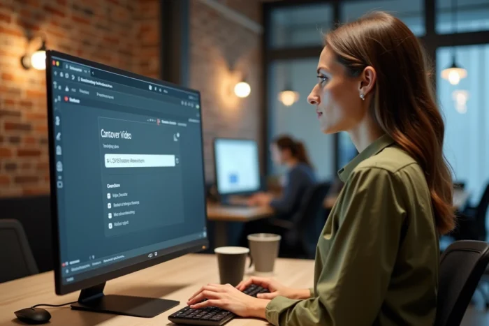 Femme professionnelle utilisant un convertisseur vidéo en ligne sur grand écran dans un espace de coworking moderne
