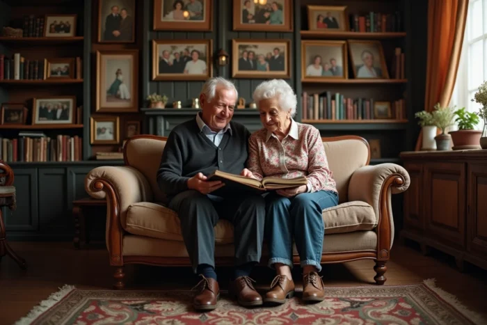 Couple âgé feuilletant un album photo de famille dans un salon chargé de souvenirs et d'histoire familiale