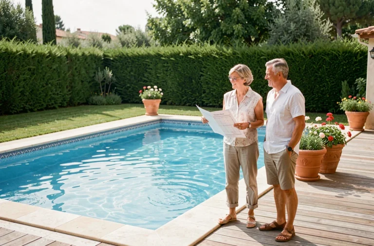 Couple discutant des dimensions idéales d'une piscine rectangulaire dans un jardin verdoyant avec plan en main