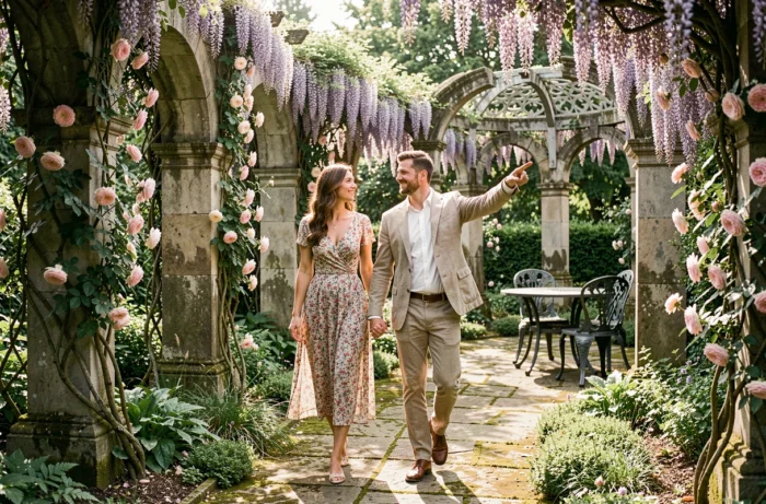Couple se promenant dans un jardin botanique pour trouver l'inspiration d'un lieu de mariage unique et romantique