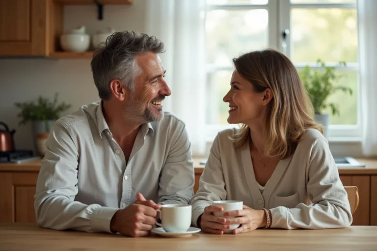 Couple d'âge mûr partageant un moment intime autour d'un café dans une cuisine familiale chaleureuse